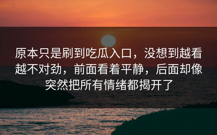 原本只是刷到吃瓜入口,没想到越看越不对劲,前面看着平静,后面却像突然把所有情绪都揭开了 原本只是刷到吃瓜入口,没想到越看越不对劲,前面看着平静,后面却像突然把所有情绪都揭开了